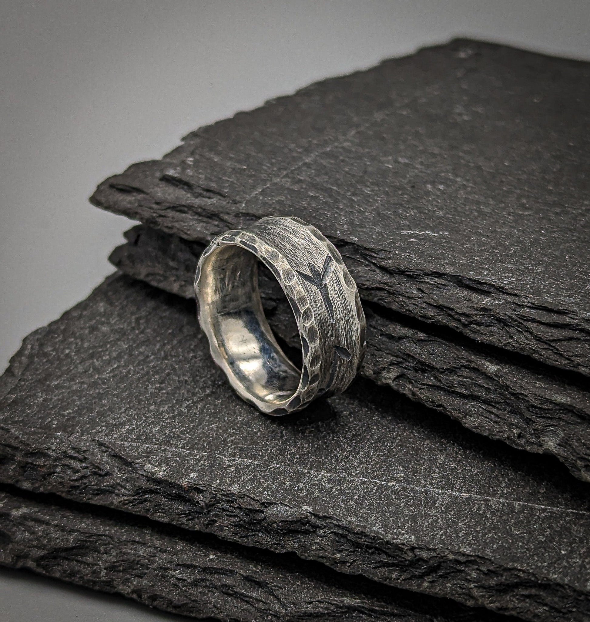 Silver Viking rune ring, engraved band, personalised Norse jewellery.