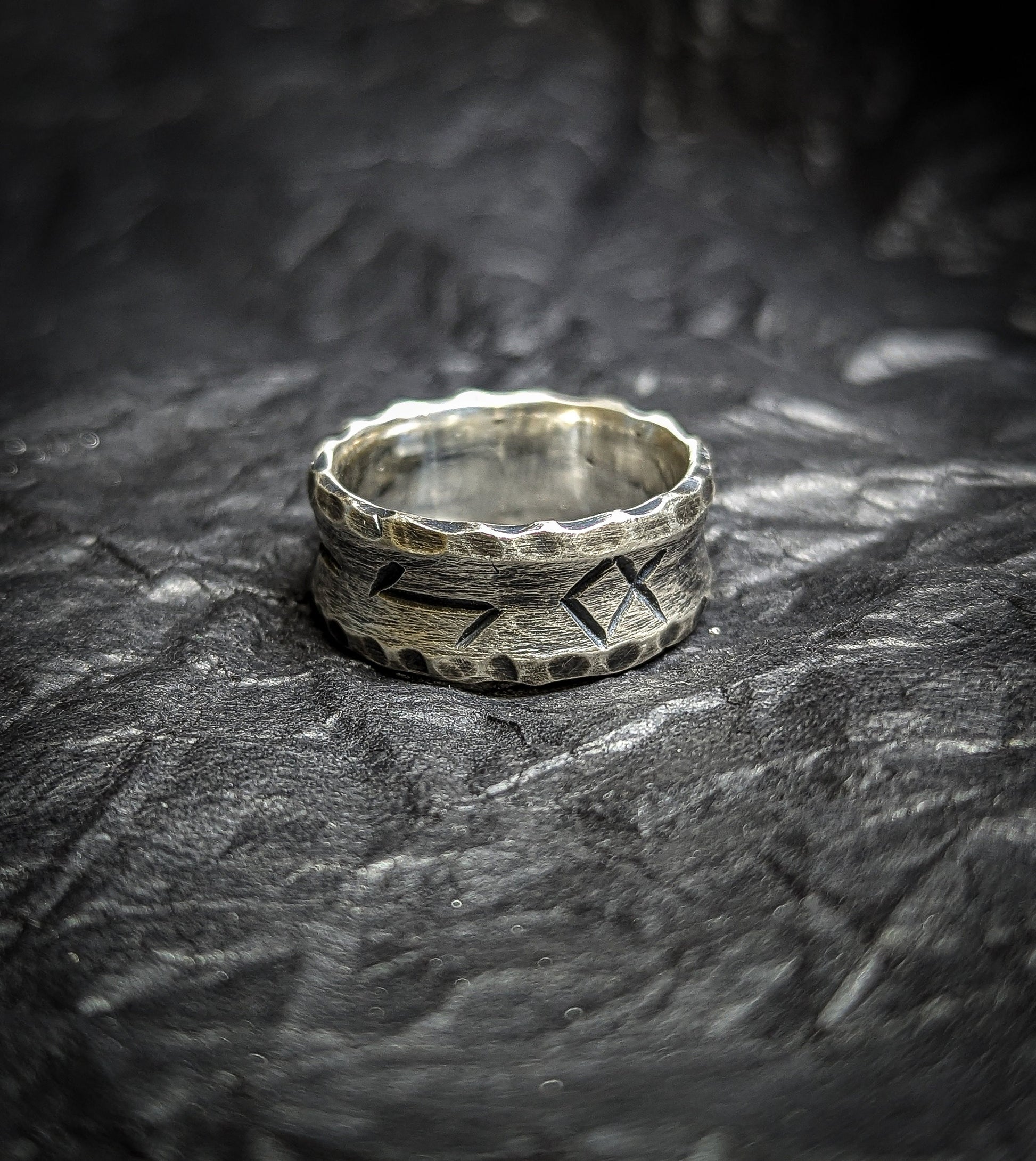 Silver Viking rune ring, engraved band, personalised Norse jewellery.