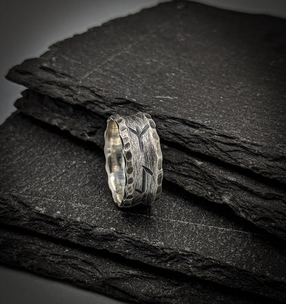 Silver Viking rune ring, engraved band, personalised Norse jewellery.