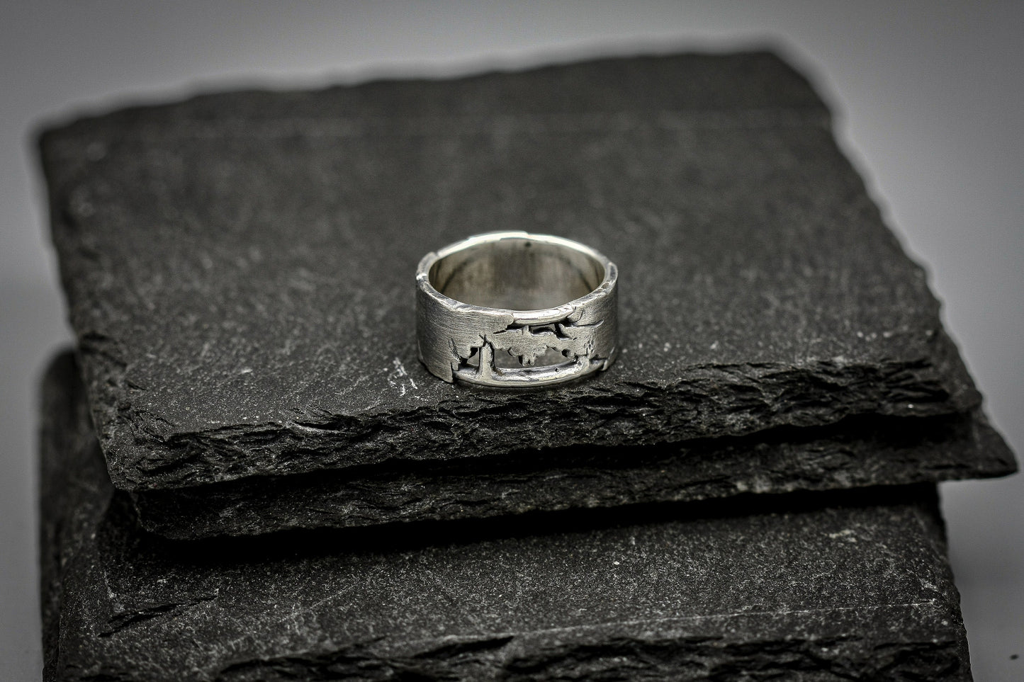 Silver fracture ring, Rough brutalist style band