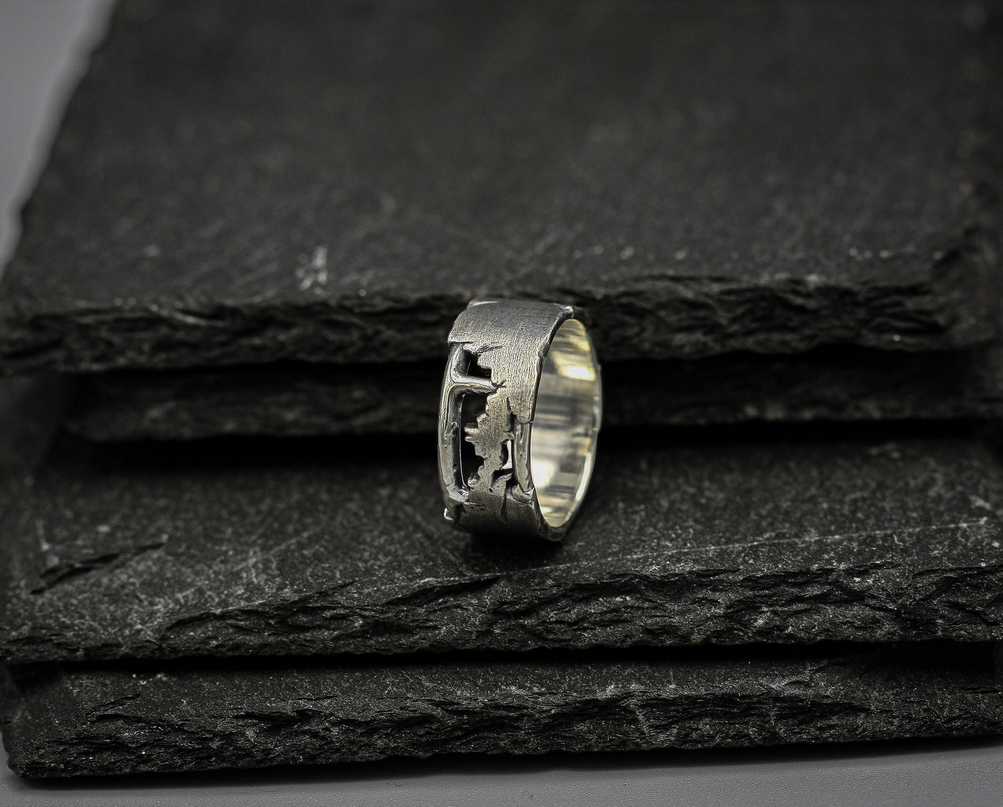 Silver fracture ring, Rough brutalist style band