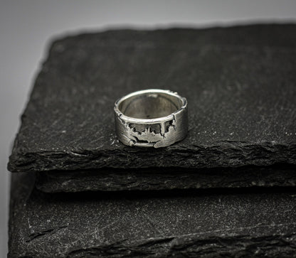 Silver fracture ring, Rough brutalist style band