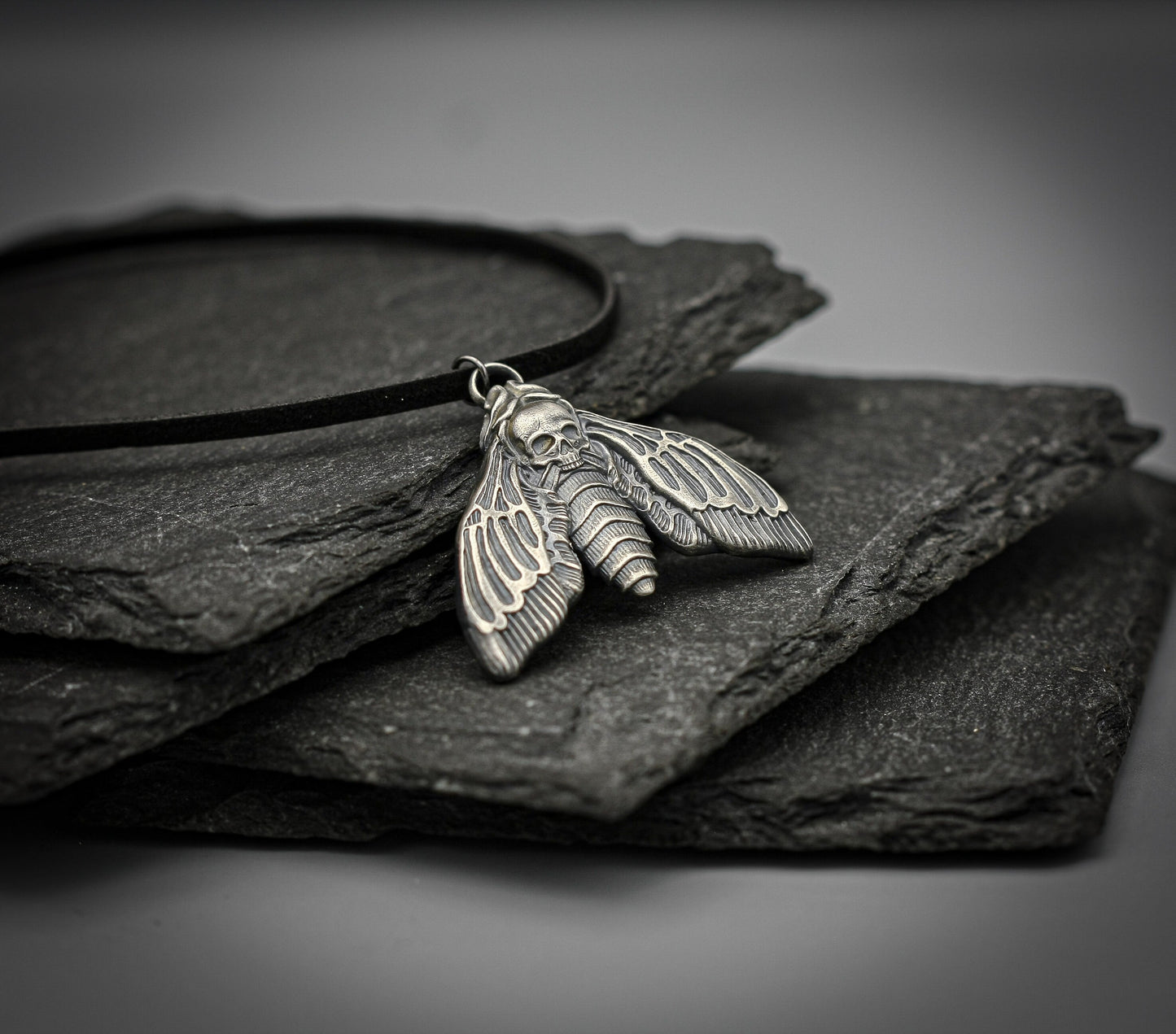 Death's-head hawkmoth pendant, silver moth necklace