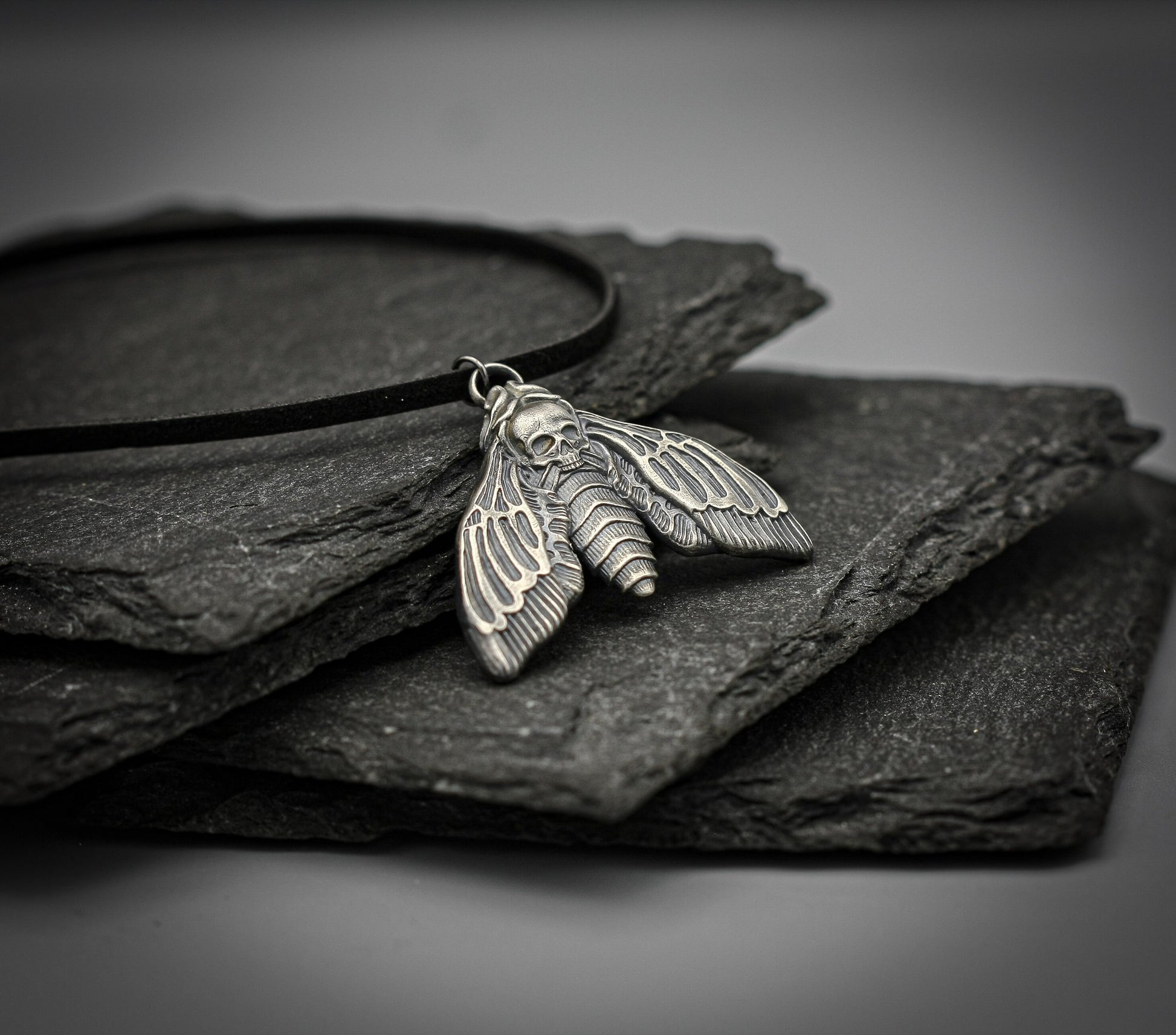 Death's-head hawkmoth pendant, silver moth necklace