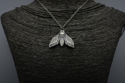 Death's-head hawkmoth pendant, silver moth necklace