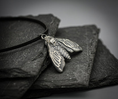 Death's-head hawkmoth pendant, silver moth necklace