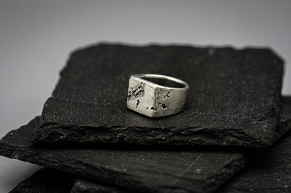 Rough fracture brutalist style band, silver signet ring