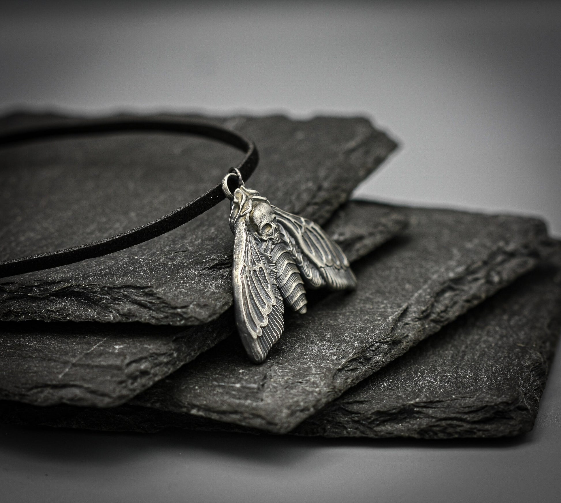 Death's-head hawkmoth pendant, silver moth necklace