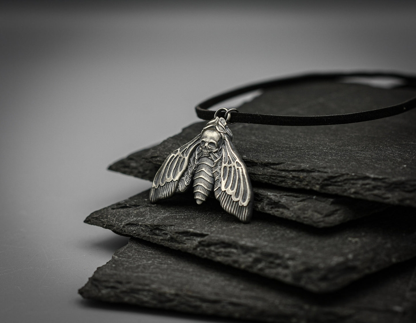 Death's-head hawkmoth pendant, silver moth necklace