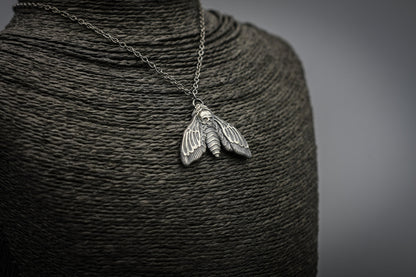 Death's-head hawkmoth pendant, silver moth necklace