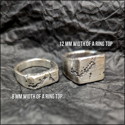 Rough fracture brutalist style band, silver signet ring