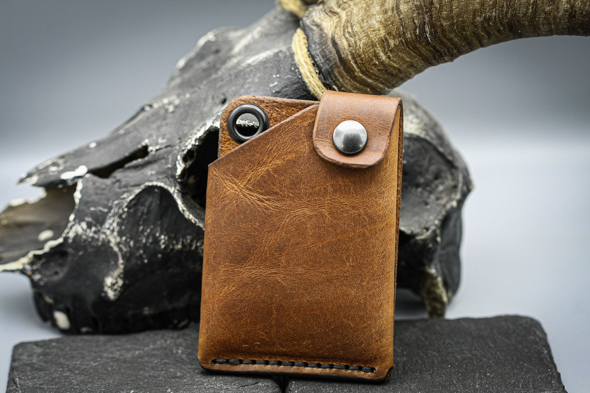 Brown Leather wallet ,minimalist style with hole for chain