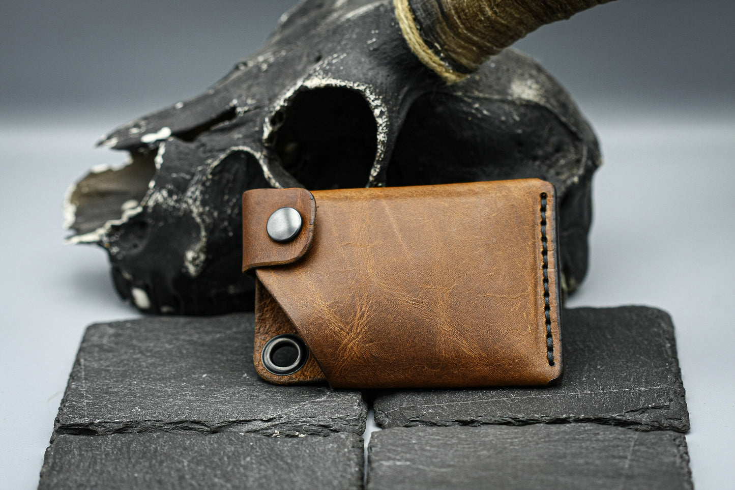 Brown Leather wallet ,minimalist style with hole for chain