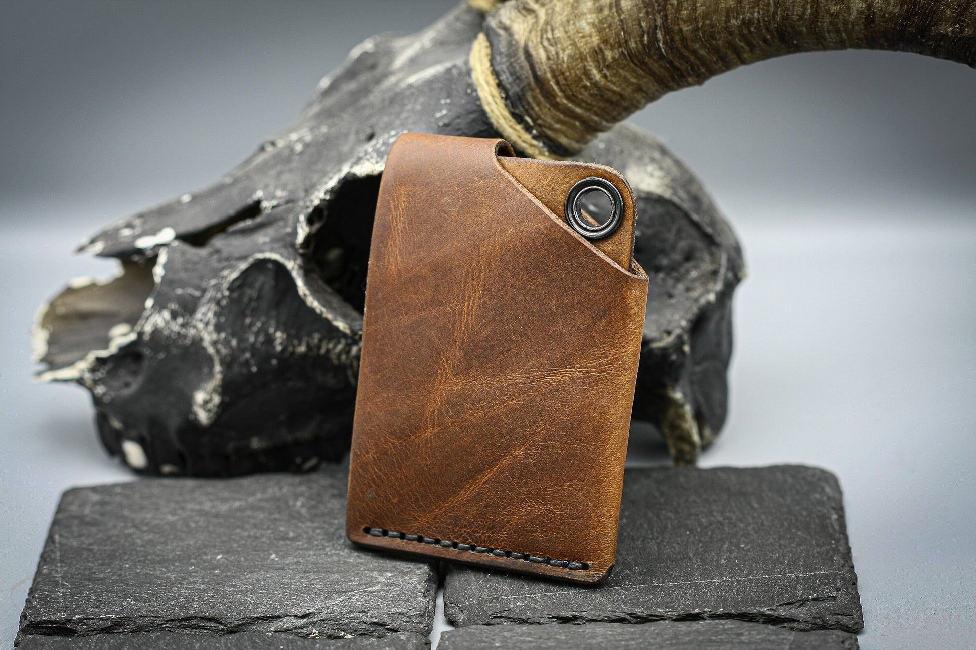 Brown Leather wallet ,minimalist style with hole for chain