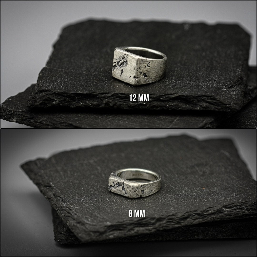 Rough fracture brutalist style band, silver signet ring