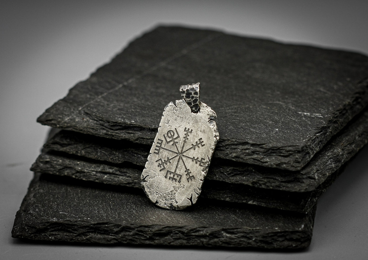 Viking Compass, Vegvisir, Sterling Silver dog tag style pendant.