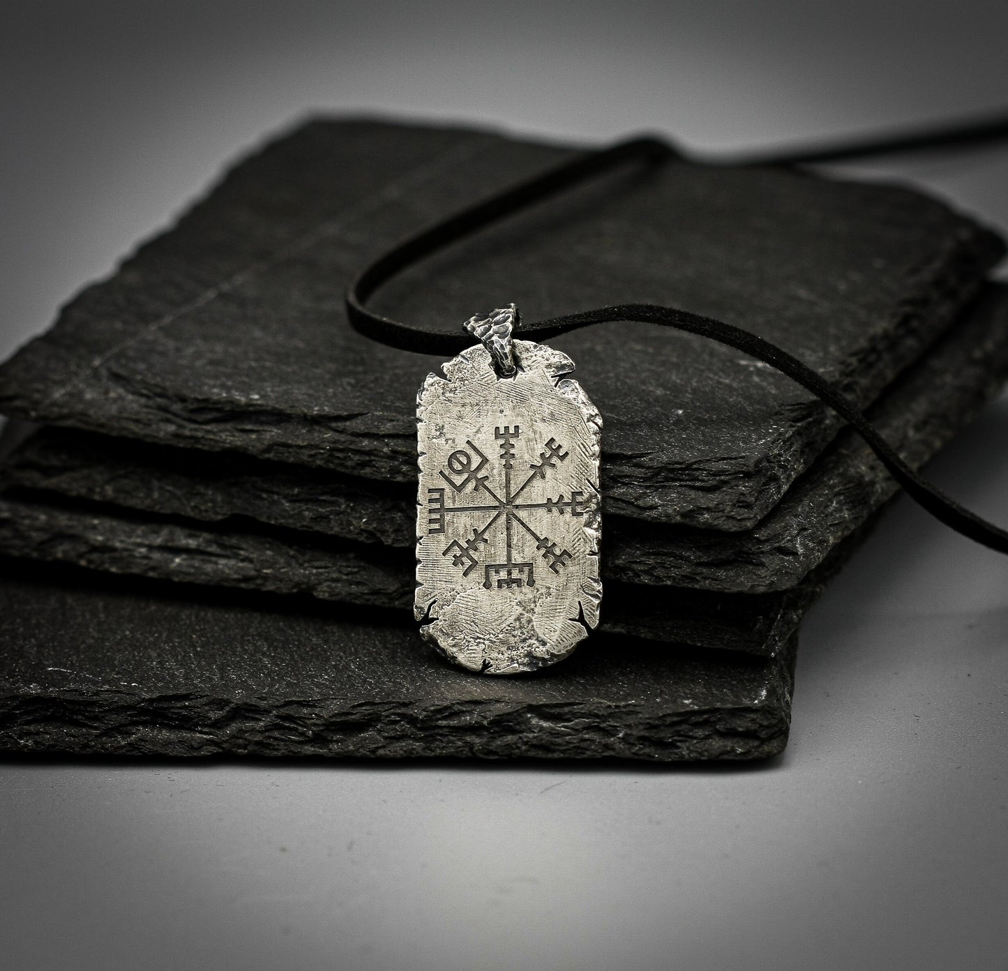 Viking Compass, Vegvisir, Sterling Silver dog tag style pendant.