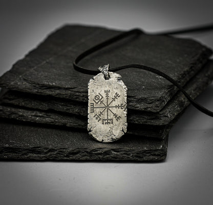 Viking Compass, Vegvisir, Sterling Silver dog tag style pendant.