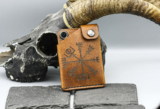 Brown Leather wallet with Viking compass Vegvisir symbol.