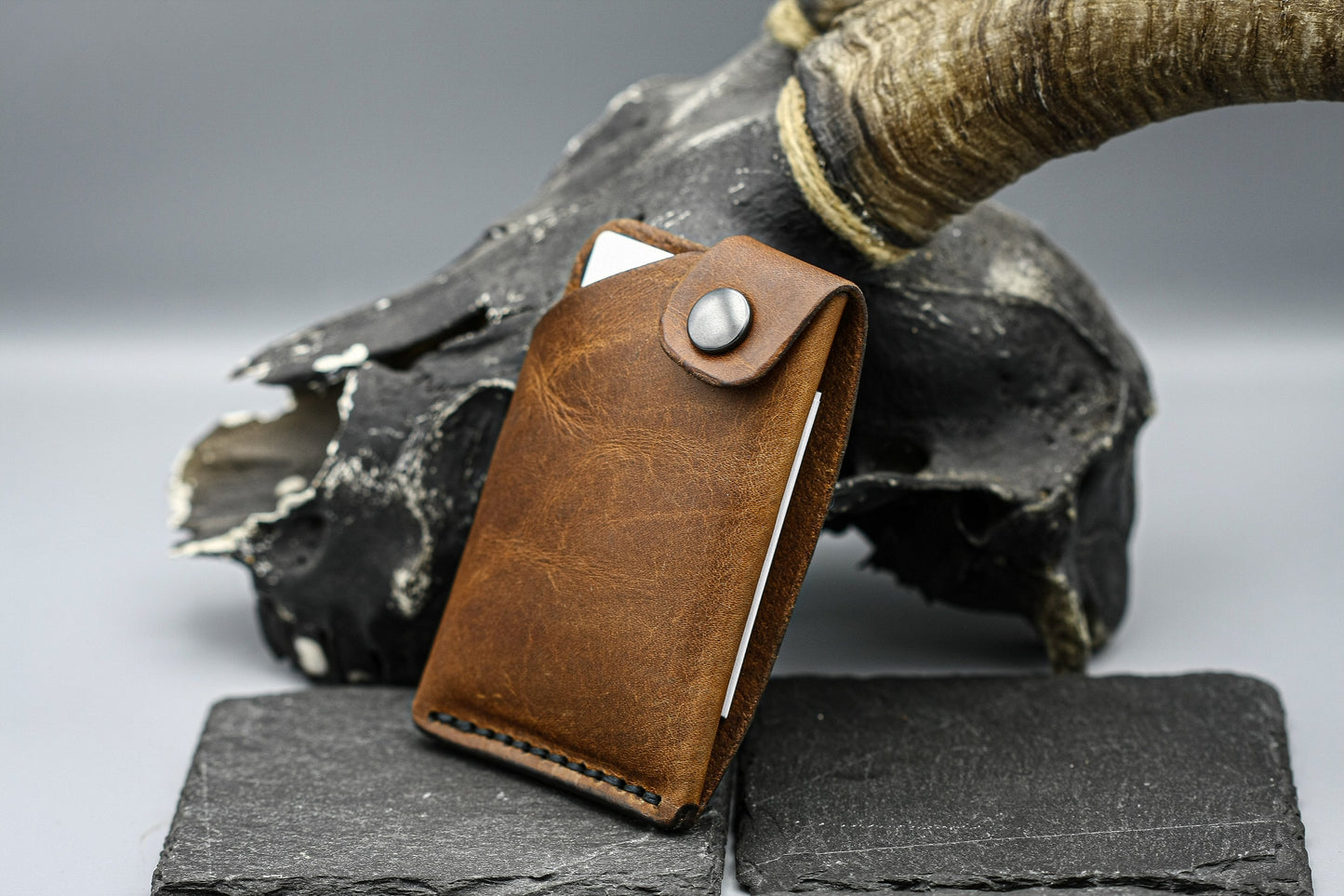 Brown Leather wallet ,minimalist style with hole for chain