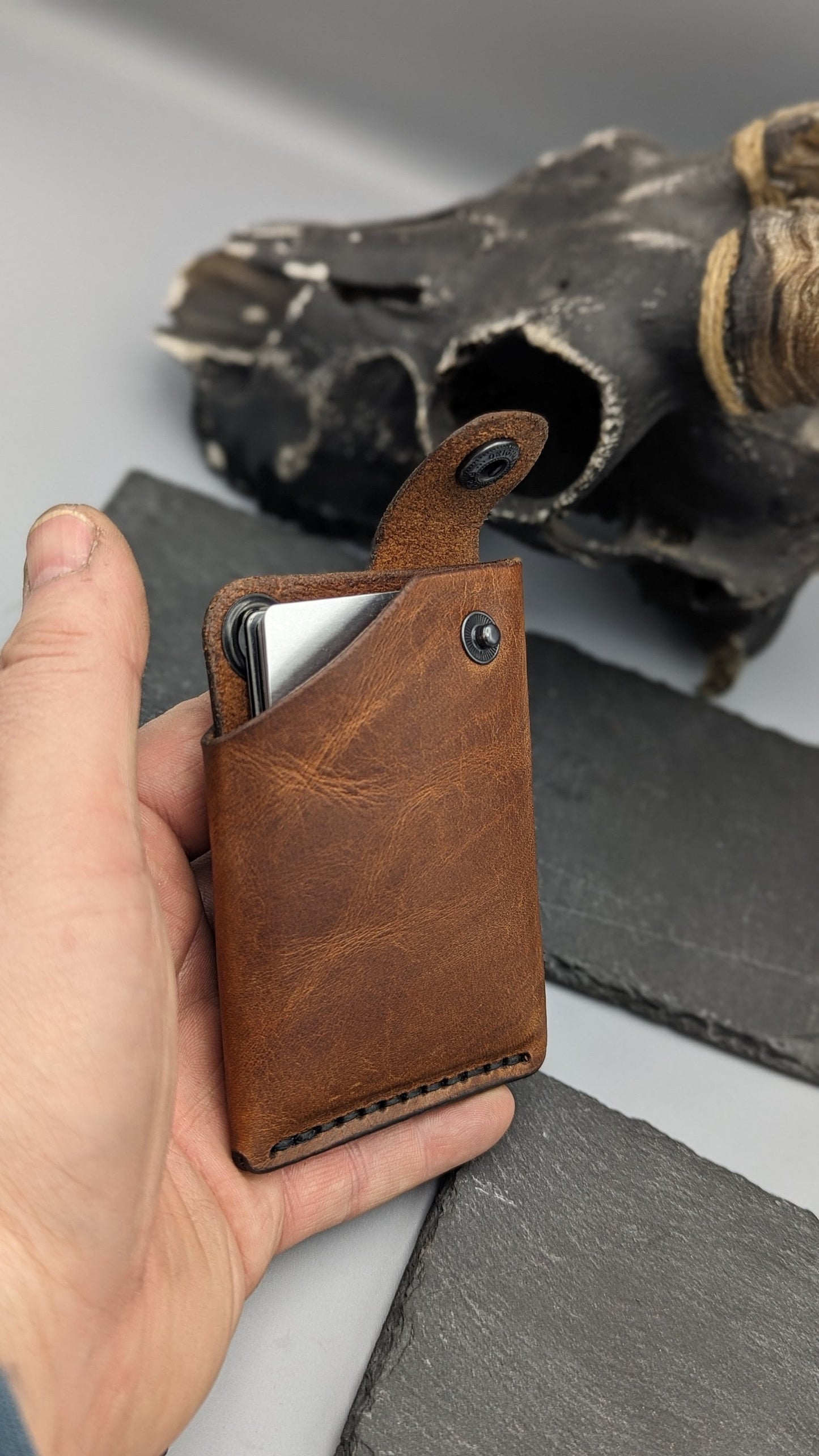 Brown Leather wallet ,minimalist style with hole for chain