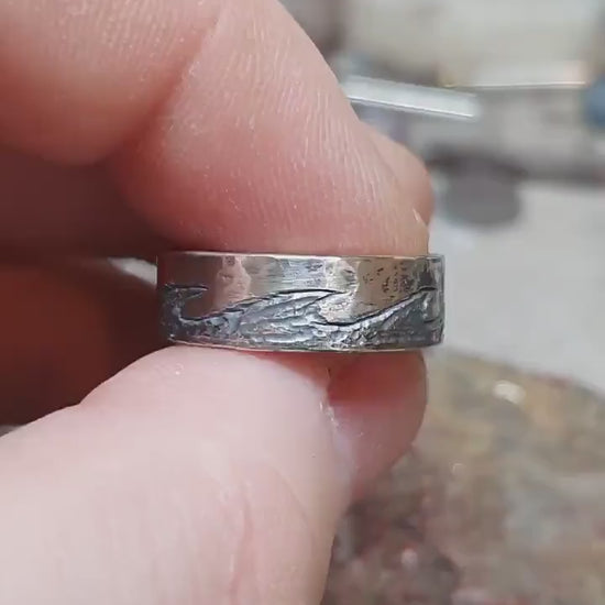 Sterling silver wave ring, carved band, unique wedding ring