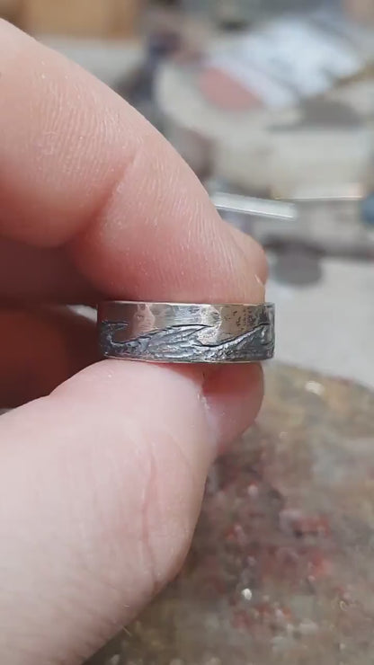 Sterling silver wave ring, carved band, unique wedding ring