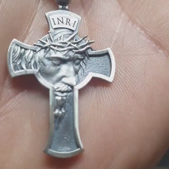 INRI Jesus Crucifix Necklace, Sterling silver cross pendant