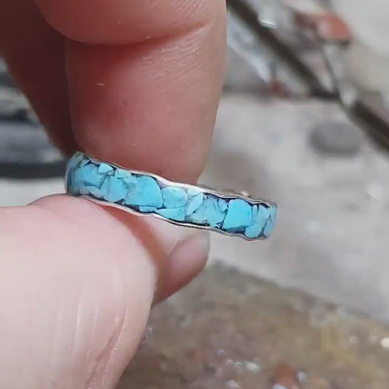 Silver turquoise inlay ring, wave stacking band.