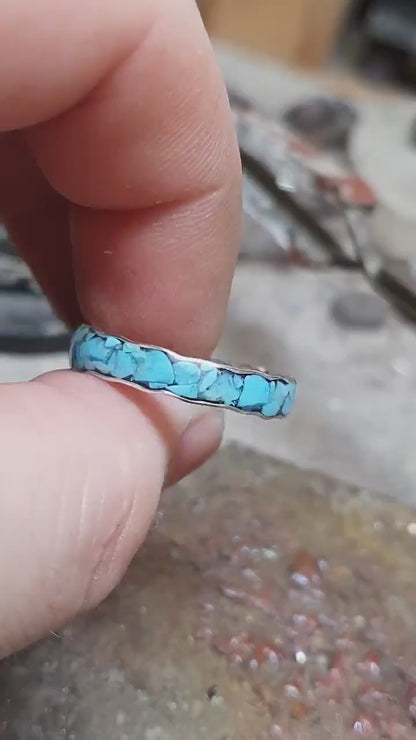 Silver turquoise inlay ring, wave stacking band.