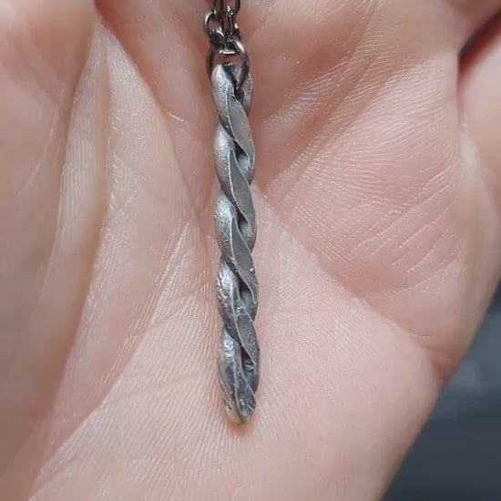 Viking twisted necklace, silver braided bar pendant