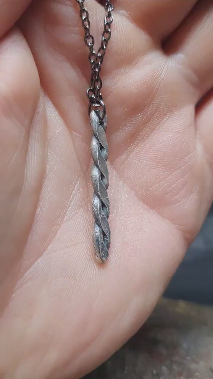 Viking twisted necklace, silver braided bar pendant