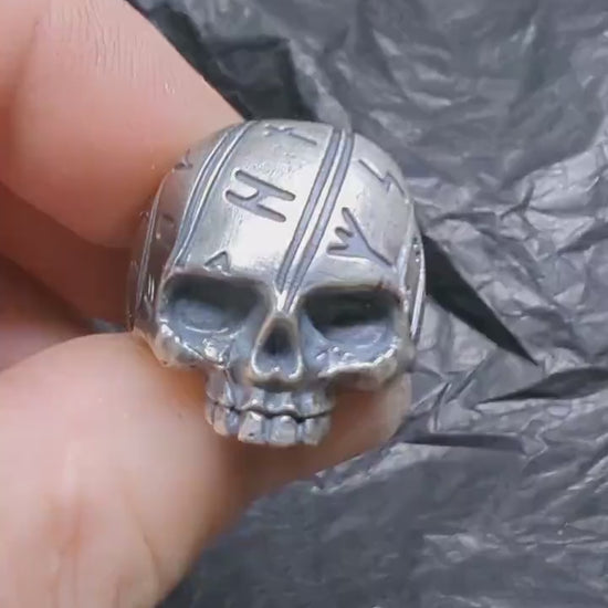 Viking rune skull ring, Sterling silver band, Norse jewellery.