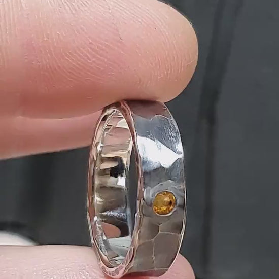 Sterling silver ring with citrine, hammered ring, unique wedding ring