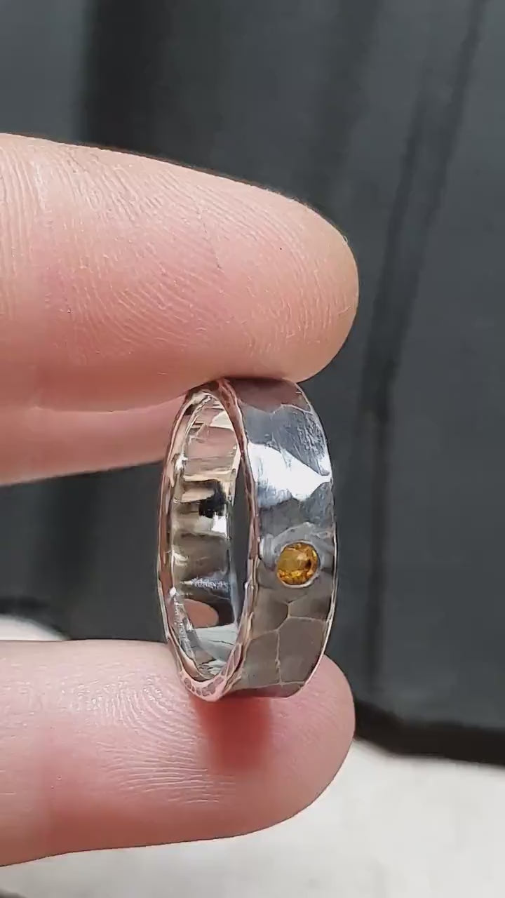 Sterling silver ring with citrine, hammered ring, unique wedding ring