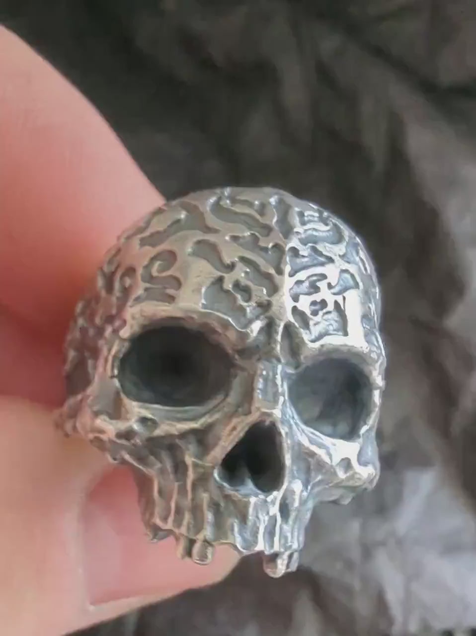 Patterned Brutalist Skull ring, Sterling silver scratched band