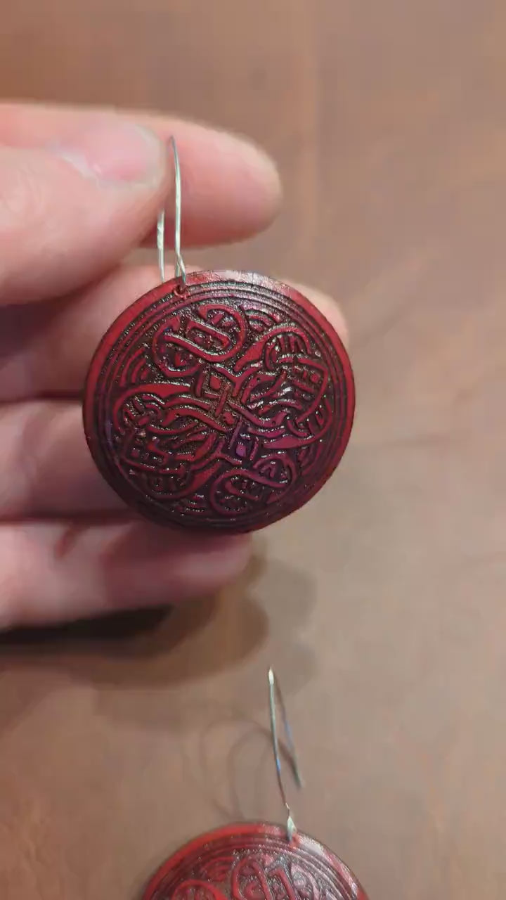 Red round leather Viking earrings, silver hook.