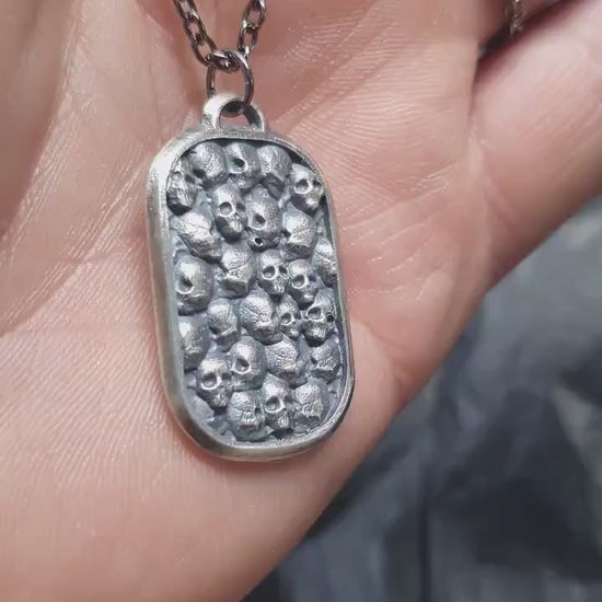 Silver skull dog tag pendant, skull necklace