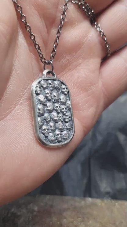 Silver skull dog tag pendant, skull necklace