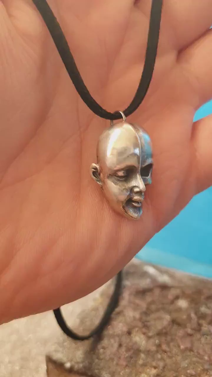 Silver Half Skull Half Face Pendant