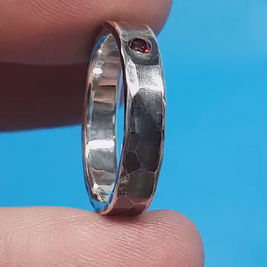 Garnet ring, sterling silver band, unique wedding ring