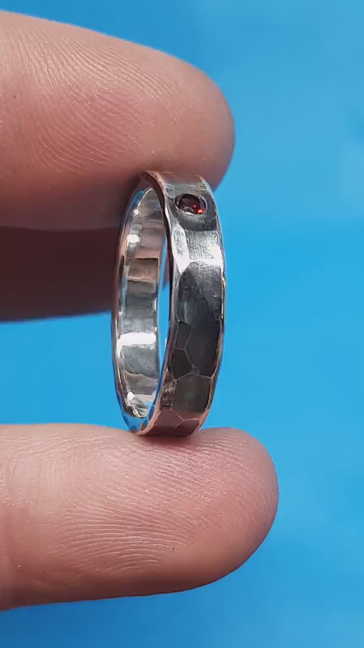 Garnet ring, sterling silver band, unique wedding ring