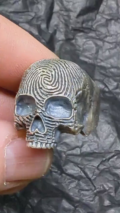 Fingerprint Skull ring, Sterling silver brutalist biker band