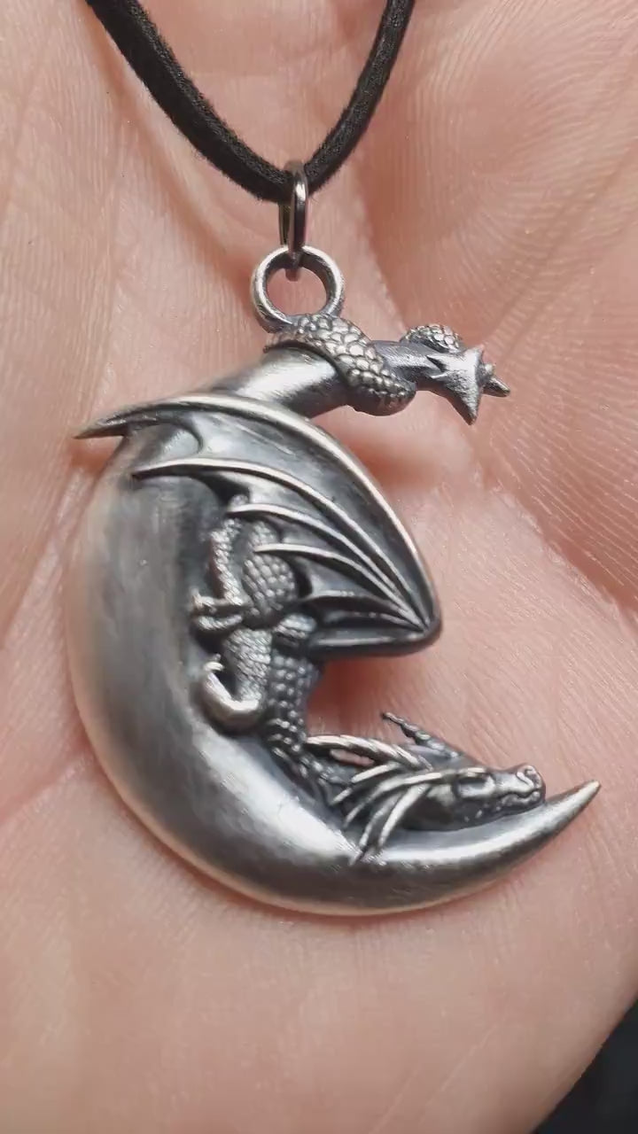 Sterling Silver Moon Dragon Pendant