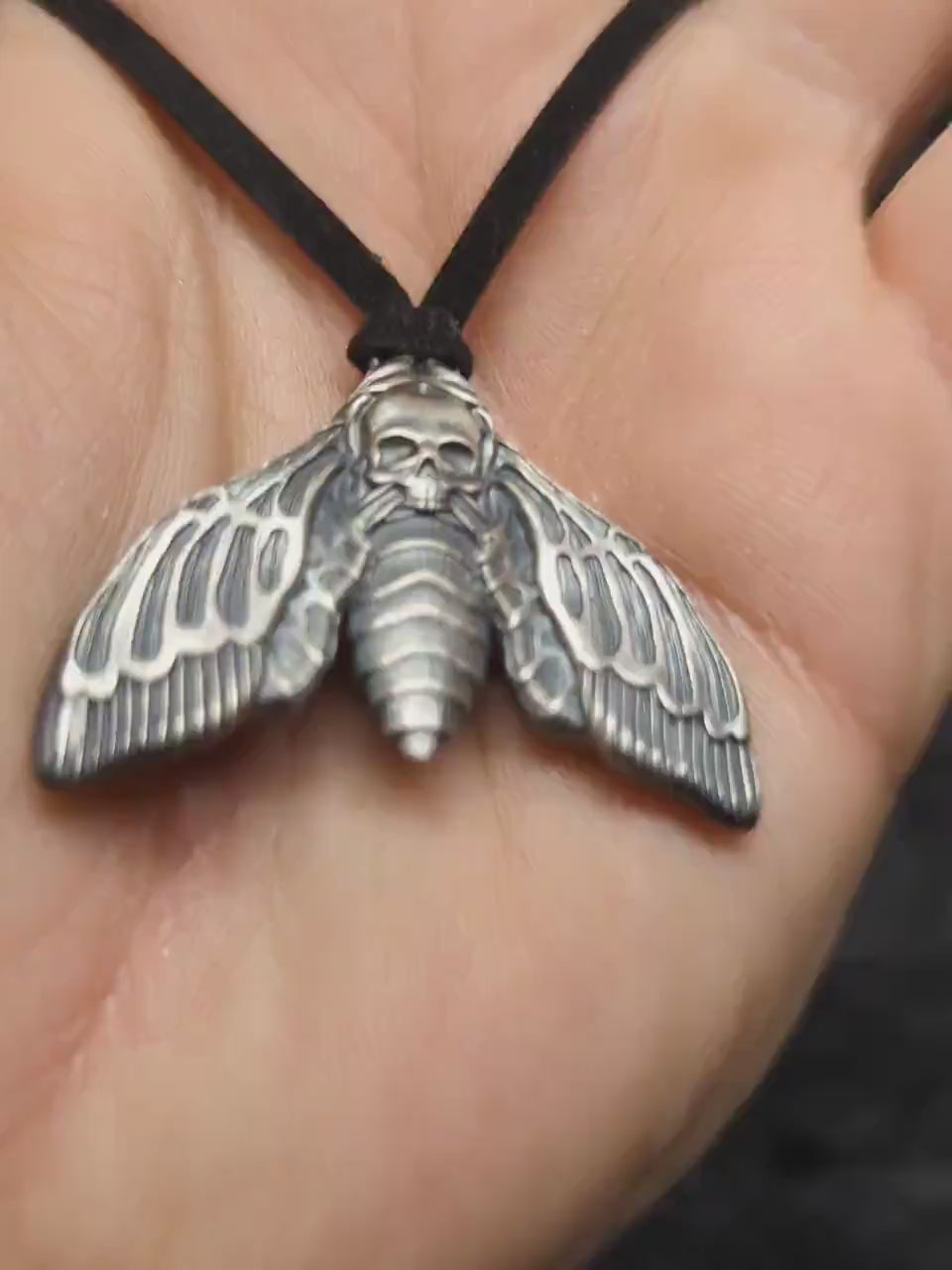 Death's-head hawkmoth pendant, silver moth necklace