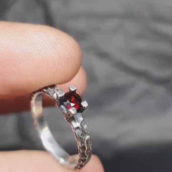 Garnet ring,unique sterling silver wedding band