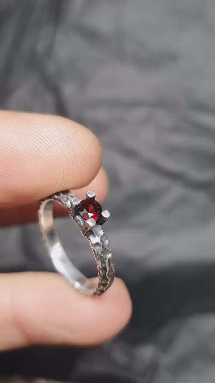 Garnet ring,unique sterling silver wedding band