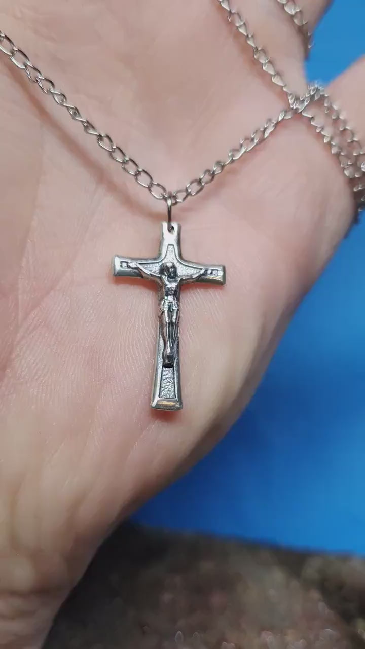 Sterling silver cross, religious Jesus Christ crucifix pendant.