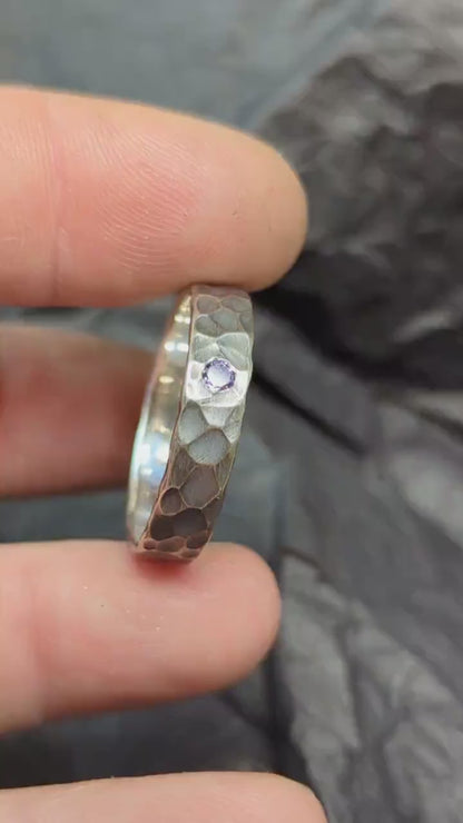 Amethyst band, Sterling silver ring, unique wedding ring