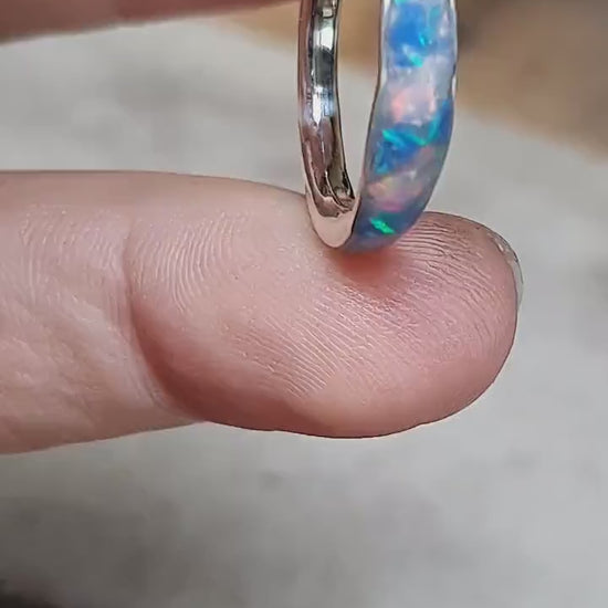 White opal inlay ring, blue opal flake band, unique women wedding ring